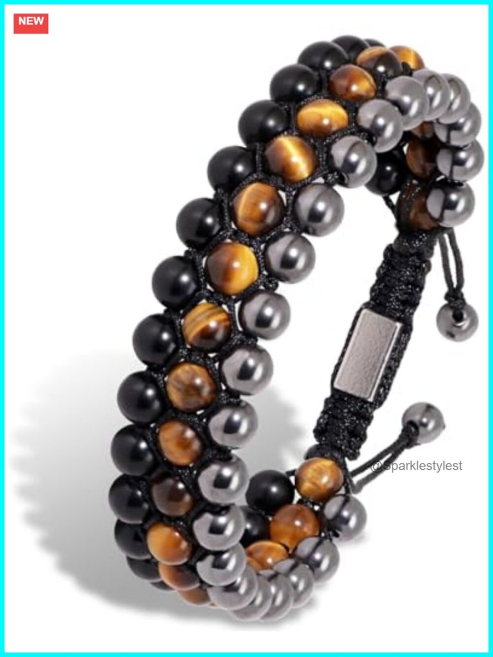 Mens Natural Gemstone Bracelet Hematite Tiger Eye Obsidian 3-Row Hand-Braided